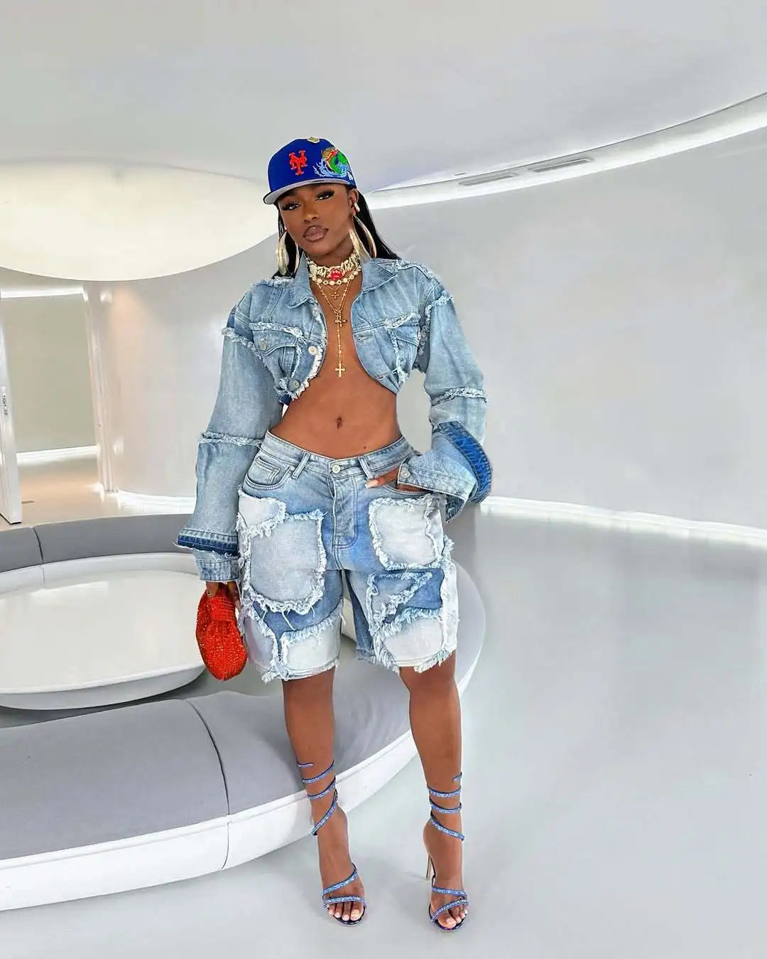 Shorts Pant Set Women Two Piece Sets Denim Turn Down Collar Matching Sets Tops Knee Length Pants High Waist Y2k Streetwear