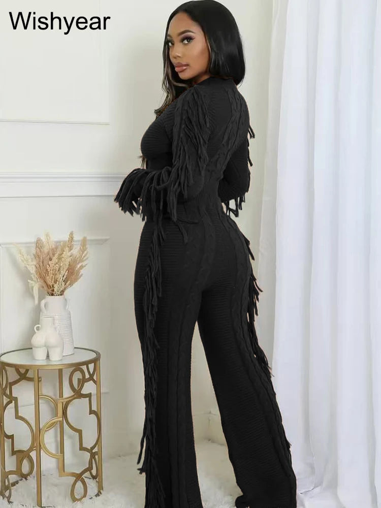Casual Winter Warm Knitted Sweater Tassel 2 Piece Set  Women Long Sleeve Crop Top and Pants Streetwear outdoors vacation Outfits