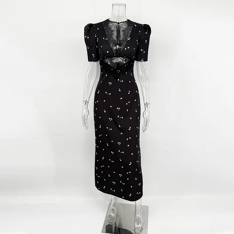 Floral Print Hollow Lace Dress