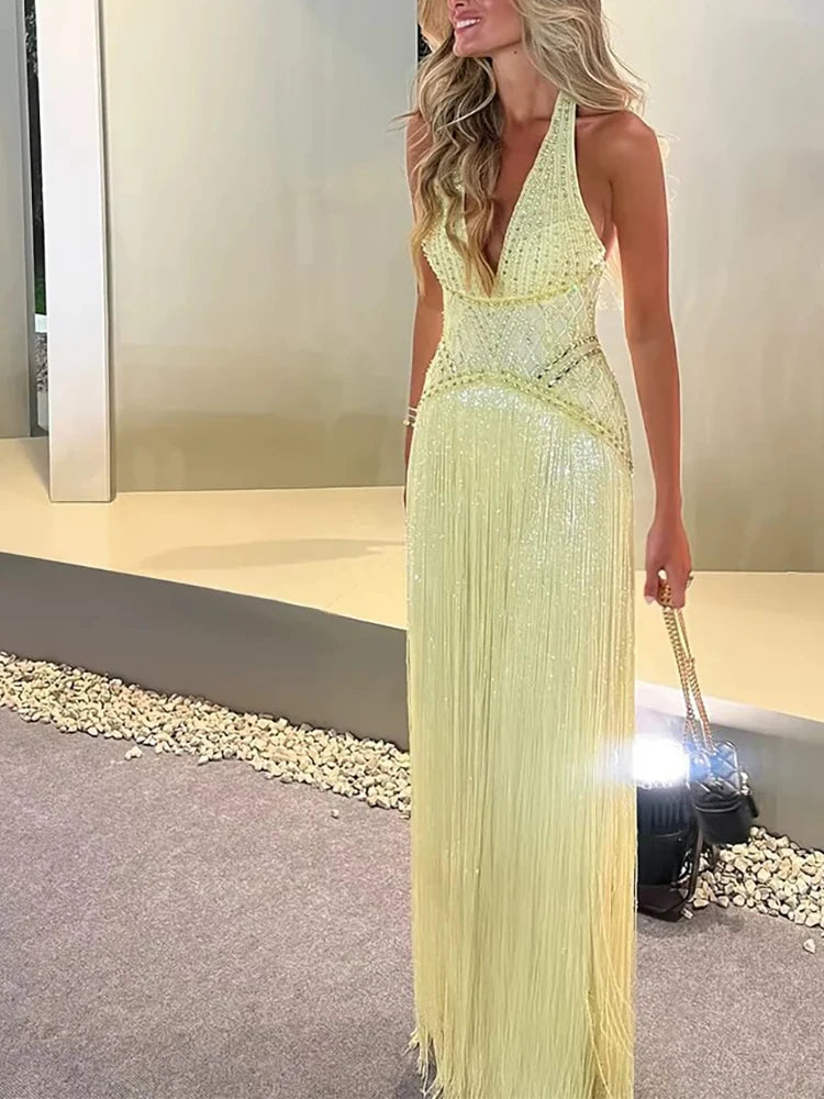 Women Sexy Backless Hollow Sequin Gowns 2026 Elegant Halter Sleeveless Long Dress Fashion Tassel Splicing Waist Slim Party Dress