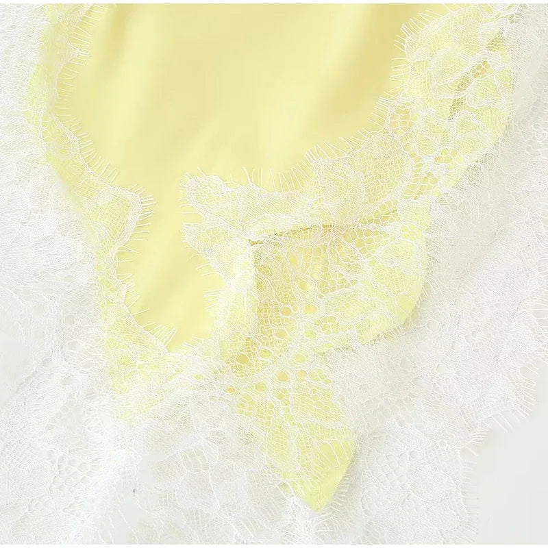 Brown Satin Lace Splicing Sling Dress Women Elegant Irregular Hem V Neck Backless Sleeveless Gown Chic Women Party Club Vestidos