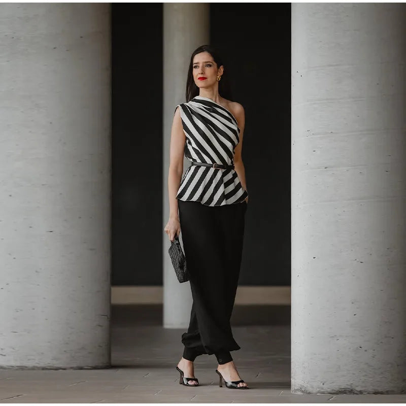 One Shoulder Striped Pleated Top With Backless Cut for Women