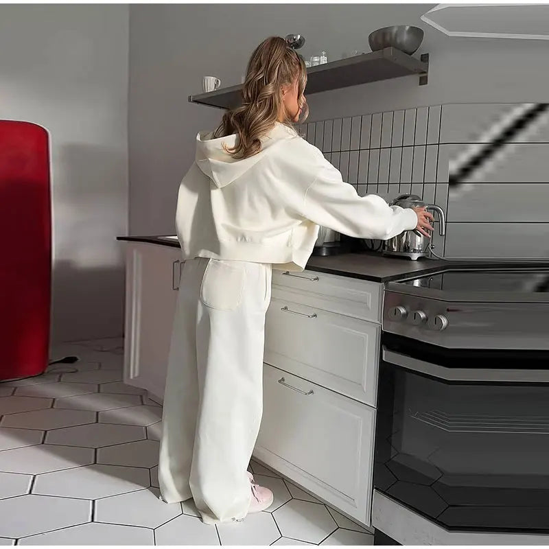 Casual Hooded Jacket and Wide Leg Pants Set for Women