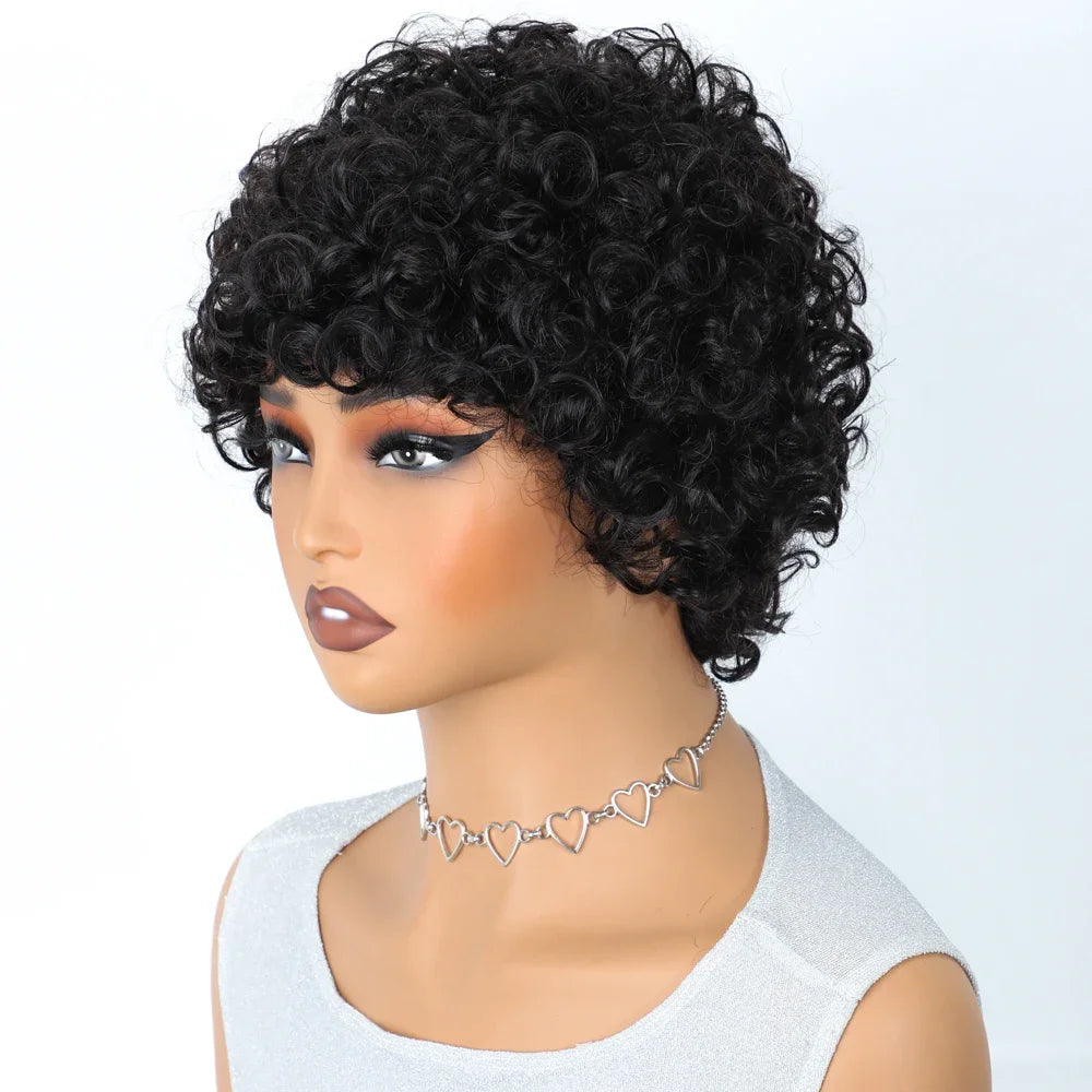 Short Kinky Curly Pixie Bob Human Hair Wig for Women