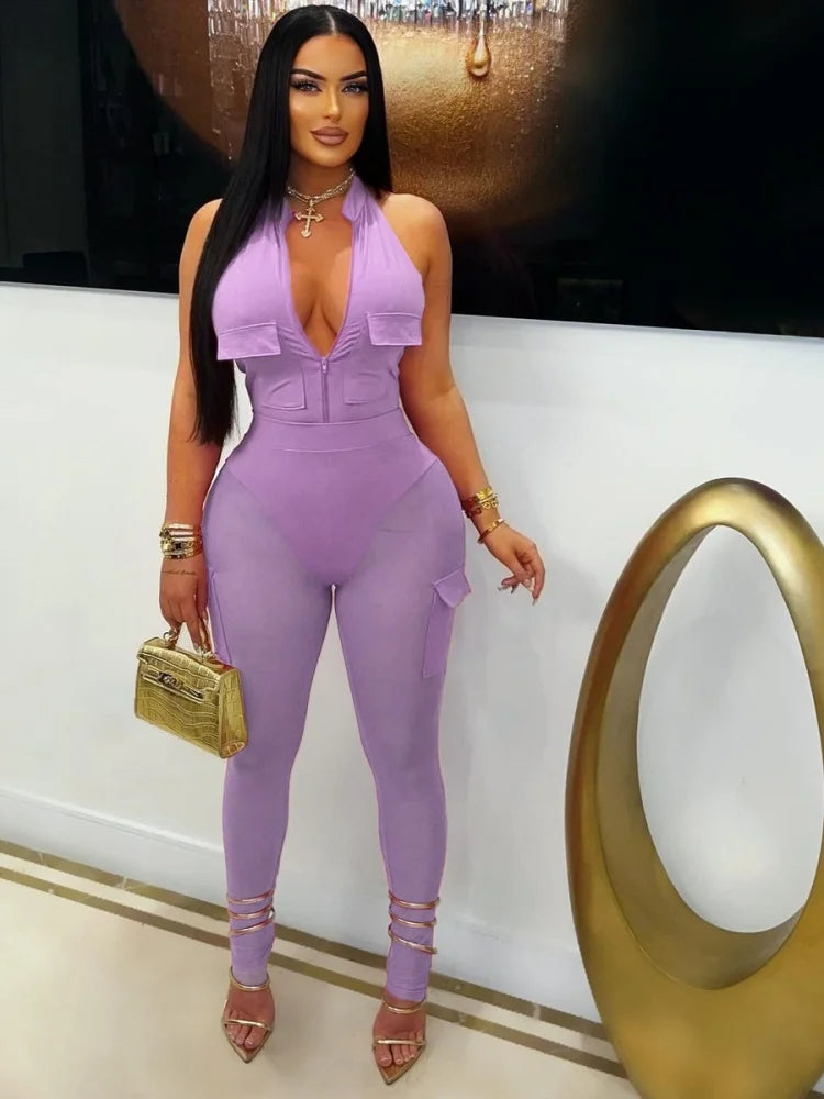 Solid Halter Neck Backless Sleeveless Zip Up Jumpsuit for Women