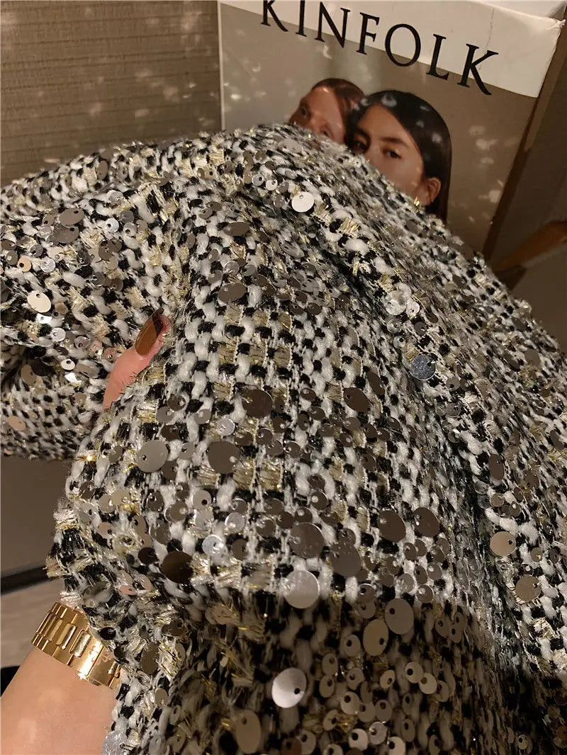 Elegant Sequined Tweed Button-Front Jacket for Women