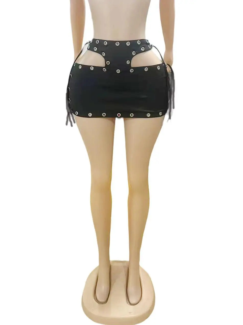 FAGADOER Sexy Hollow Out Bodycon Mini Skirts Women Lace Up High-Waist Hole Patchwork Skirts Female Streetwear Bottom 2025 New