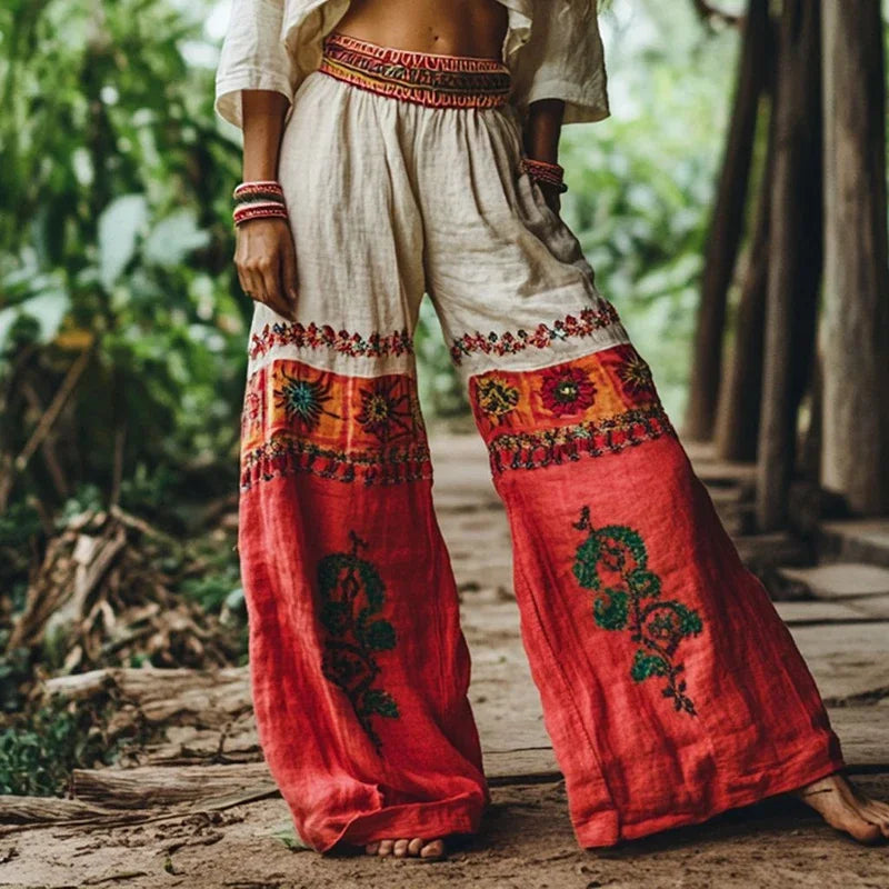 Vintage Women Casual Loose Print Wide Leg Pants Ethnic Print Bohemian Long Pants Women Fashion High Waist Solid Long Trousers