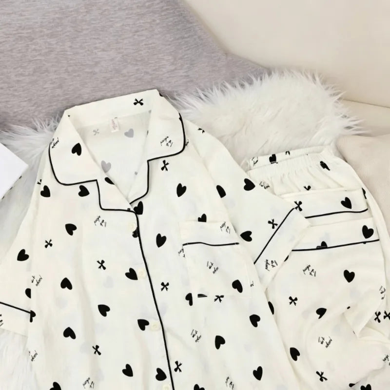 Korean Cute Heart Bow Print Pajamas Set Women 3 Piece Summer Soft Harajuku Style Homewear Sweet Love Pattern PJ Loungewear