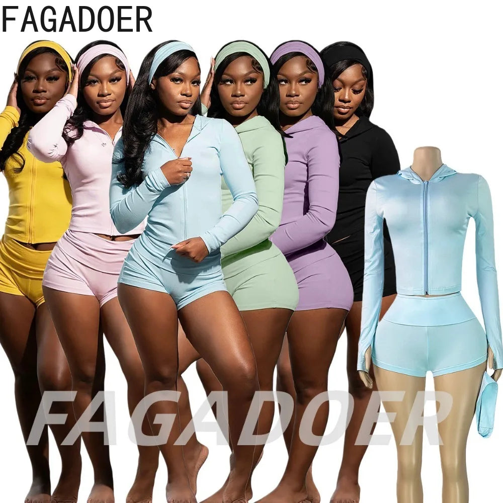 Casual Three Piece Hooded Crop Top and Shorts Set for Women