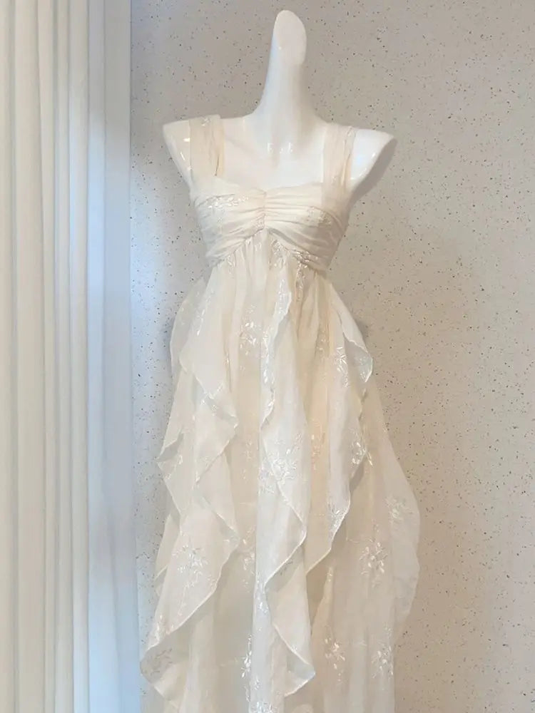 White Lace Vintage Floral Ruffle Sundress For Women