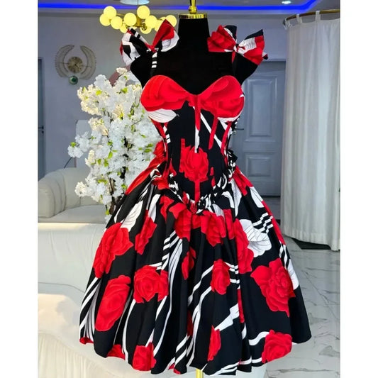 Customized Elegant Stylish Tube Top A-line Flower Print Waist-fitted Midi Dresses Fashion Summer Sexy Low-cut Bow Straps Casual