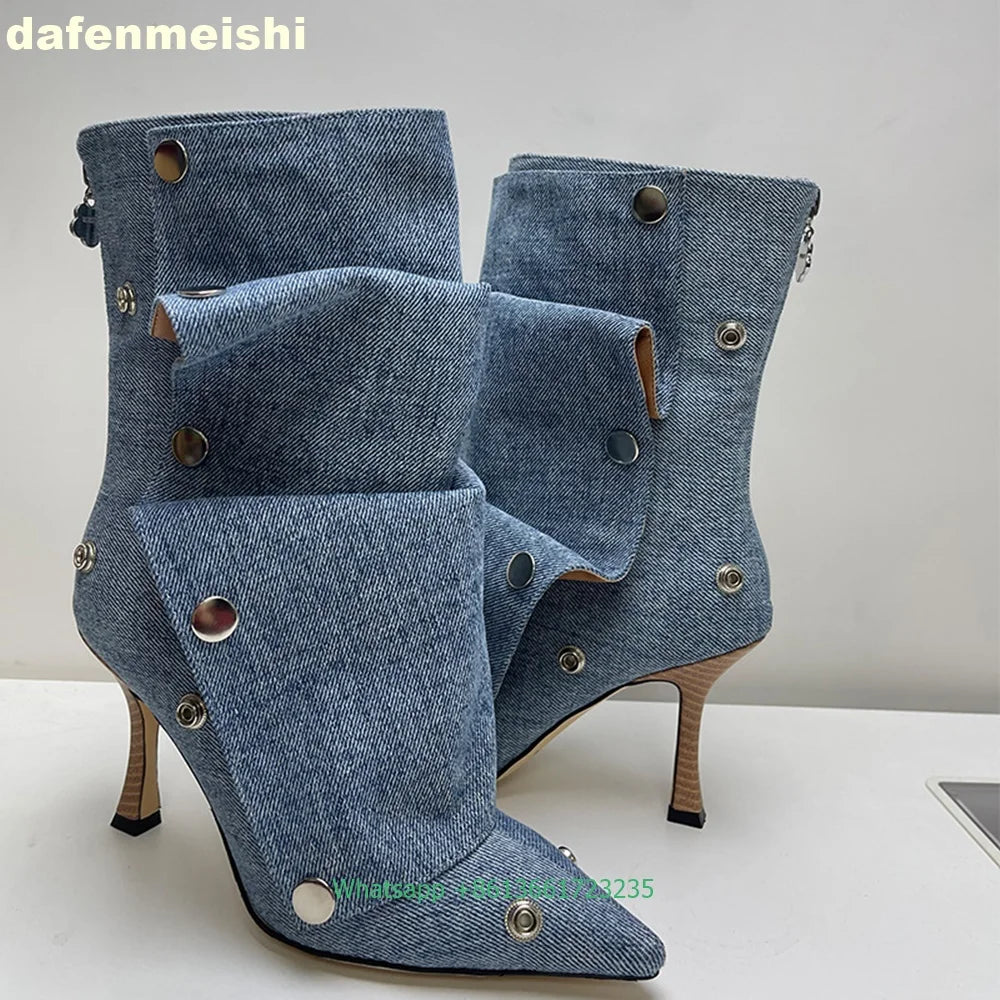 Pleated Stiletto Pointed Toe Leather Ankle Boots With Rivet Buckle For Women