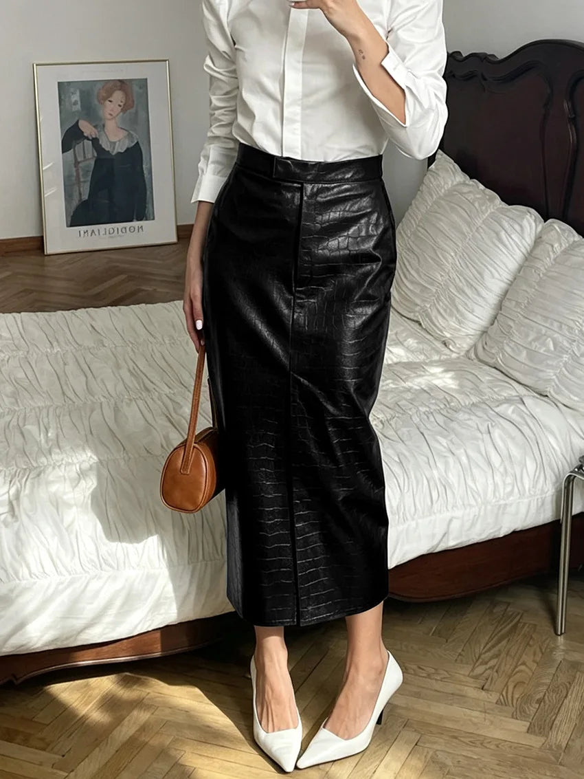 Faux Crocodile Leather Ankle Length Split Skirt for Women