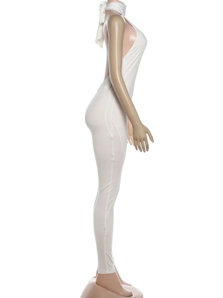 Peach Backless Halter Skinny Fit Jumpsuit for Women