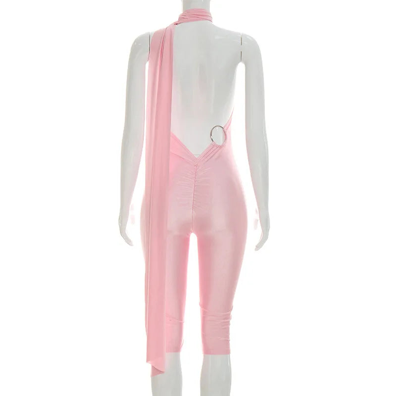 Sexy Ruched Backless Halter Bandage Jumpsuit for Women
