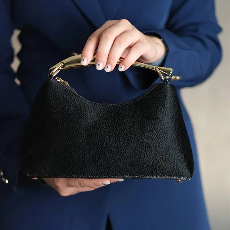 Luxury Texture Women's Bag Lychee Pattern Metal Handle Shoulder Bag Evening Clutch Bag Fashion Designer Half-moon Crossbody Bag