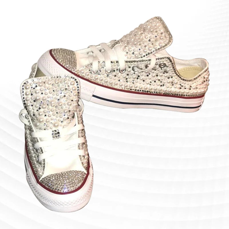 Handmade Pearl Rhinestone Low Top Canvas Shoes for Women