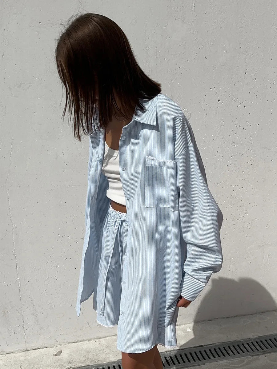 Striped Long Sleeve Cotton Shirt And Shorts Set For Women