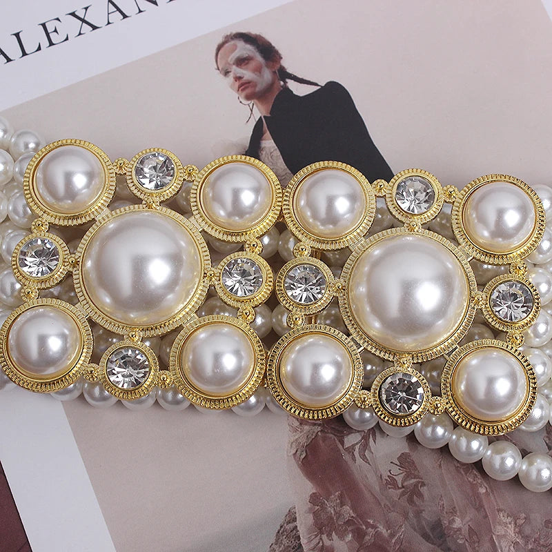 Pearl Embellished Elastic Waist Chain Belt for Women