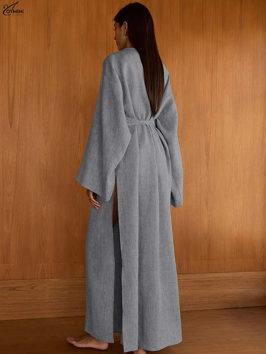 Oymimi Elegant Grey V-Neck Womens Dresses Fashion Long Sleeve Lace-Up Loose Dresses Casual Side Slit Ankle-Length Dress Female