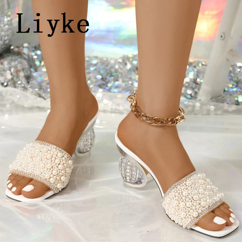 White Pearl Beaded Embellished Strappy Sandals for Women