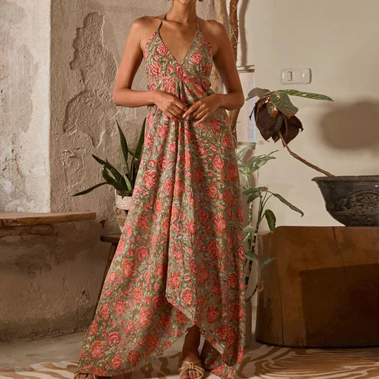 Fashion Hollow Out Backless Party Dress Bohemian Sleeveless Suspender Sexy Dress Vintage Floral Print Halter Women's Long Dress