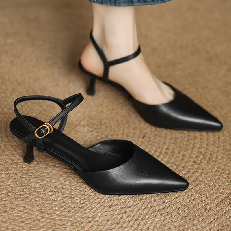 Black Pointed Leather Ankle Strap Heels