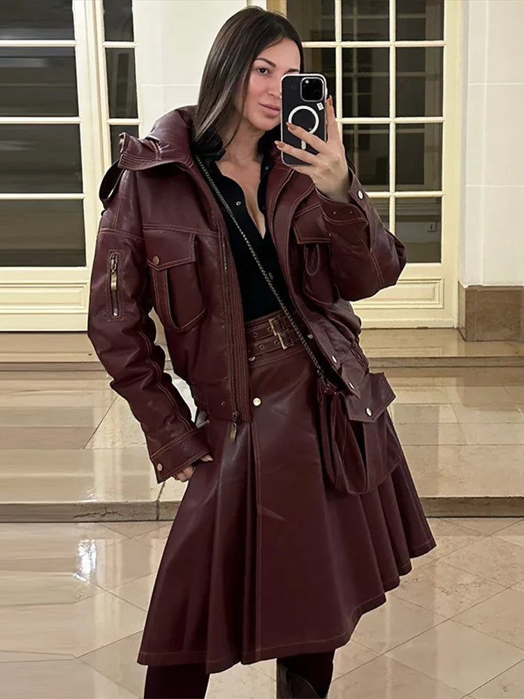 Fur Collar Women 's Leather Jackets Vintage Hooded Zipper Pockets Full Sleeve Jackets Lady 2025 New Woman Winter Coats Outwears