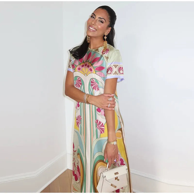 Elegant Floral Print Feather Hem Maxi Dress For Women
