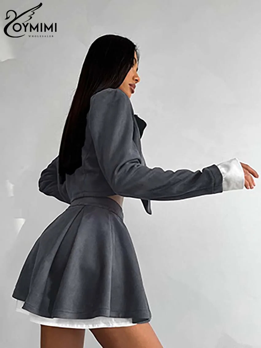 Oymimi Elegant Grey Patchwork Women 2 Piece Set Outfit Fashion Long Sleeve Pockets Button Crop Shirts And Pleated Mini Skirts