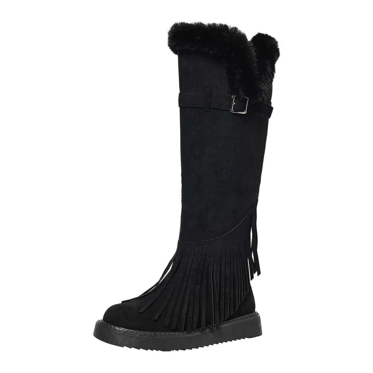 Faux Fur Lined Suede Knee High Fringe Boots for Women