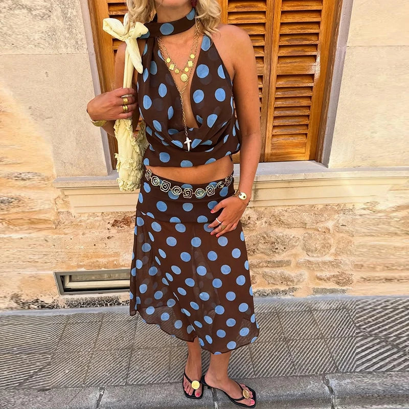 Polka Dot Halter Chic Crop Top And Skirt Set for Women