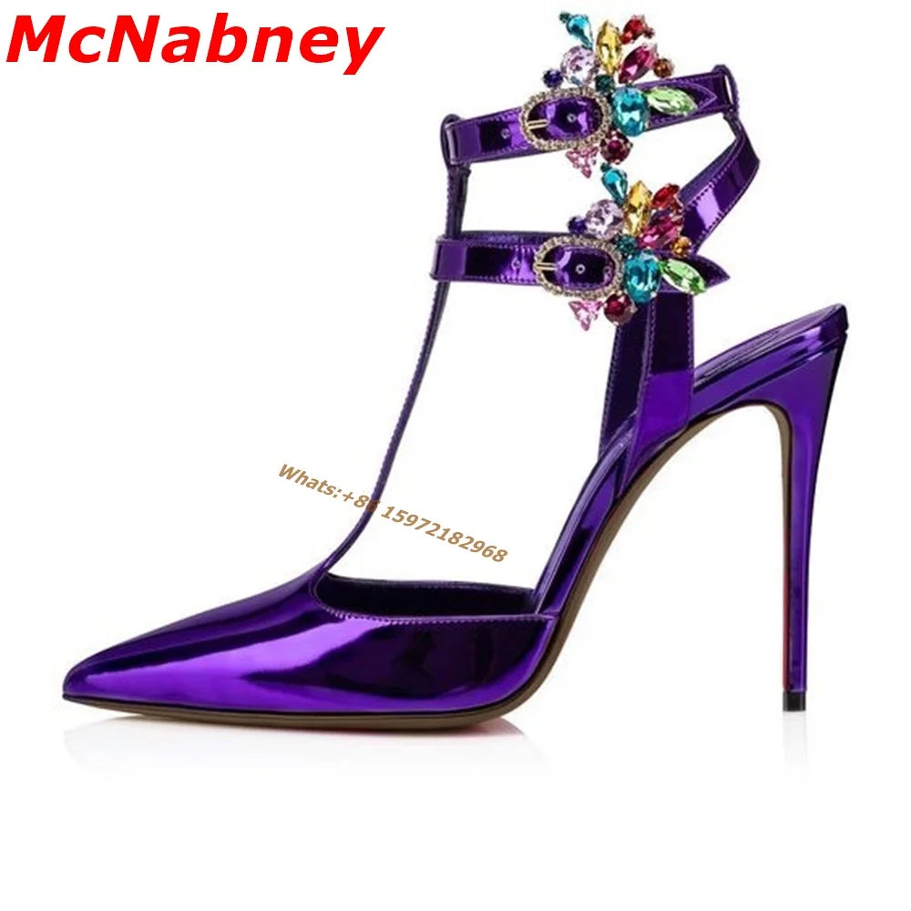 Purple Patent Pointy Toe T Strap Stiletto Pump With Ankle Buckle For Women