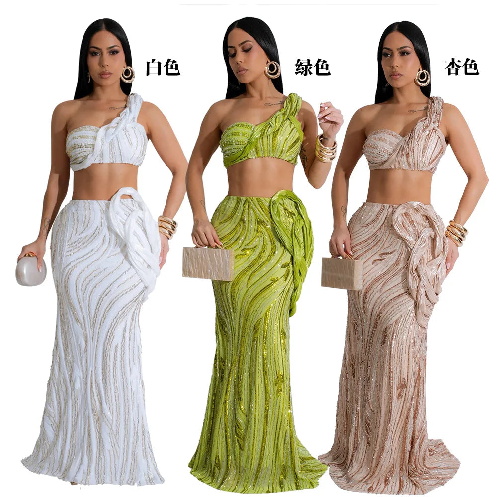 CM.YAYA Women’s Dress Set Mesh Sequined Ribbon Sleeveless Strap Top + Long Skirts Sets 2 Two Pcs Sets Sexy Party Evening Oufits