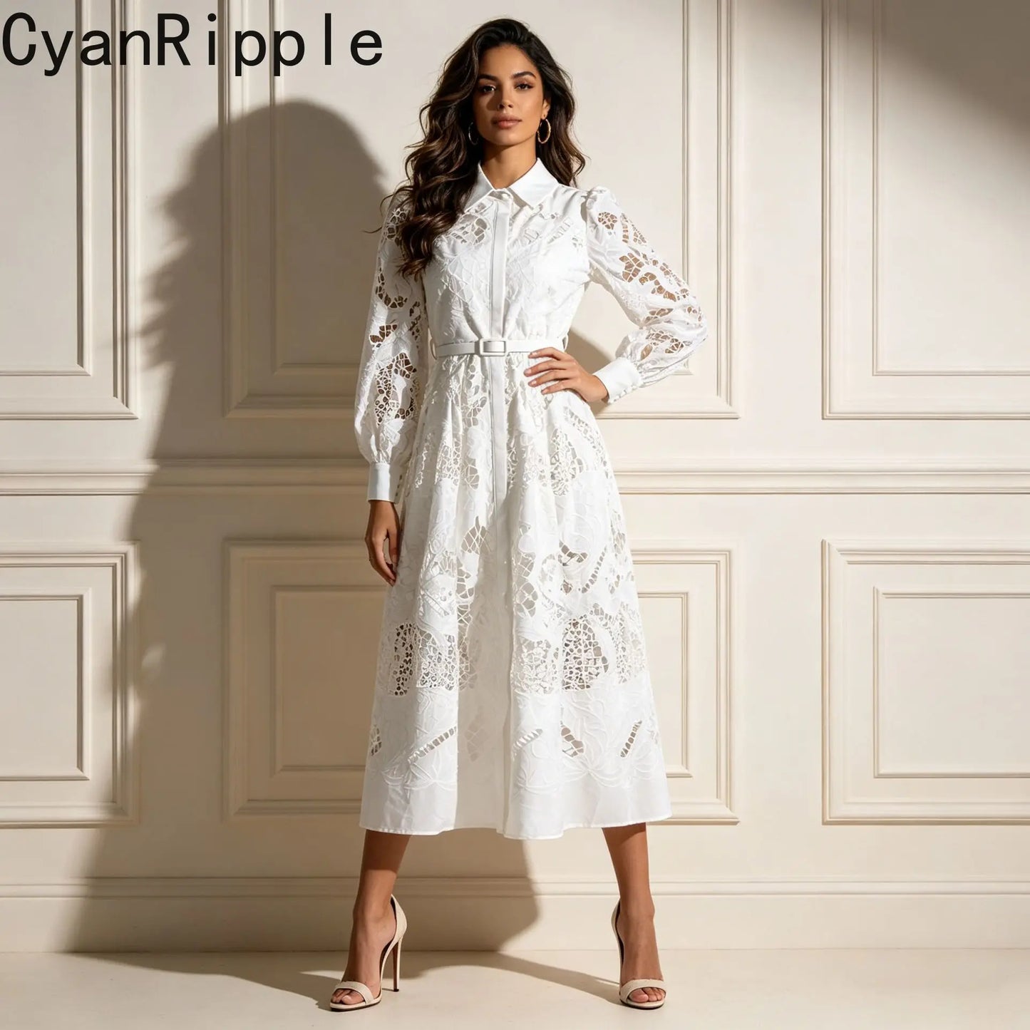 2026 New Spring Autumn Hollow Out Lantern Long Sleeve Women Dresses Elegant Embroidery Single-breasted A-line Casual Shirt Dress