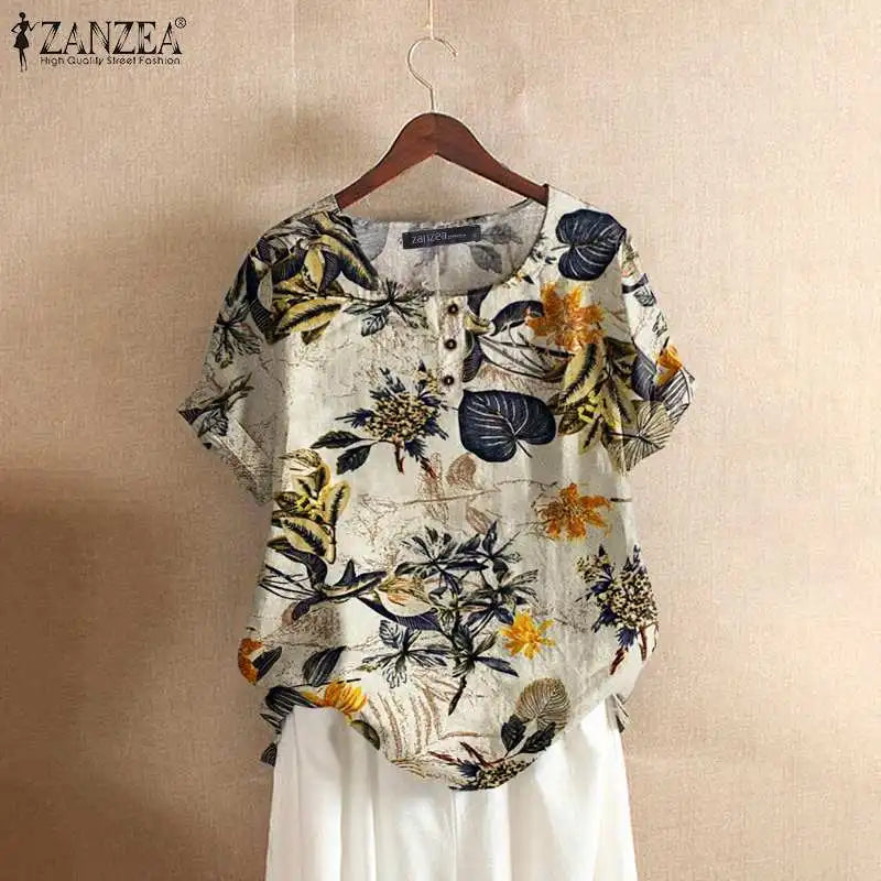 ZANZEA Women Cotton Shirt Fashion Floral Printed Tops Ladies Kaftan Chemise 2024 Summer Short Sleeve Blouses Causal O-neck Tunic