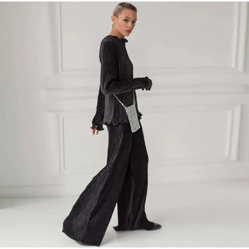 Elegant Velvet Top and Pleated Pants Set for Women