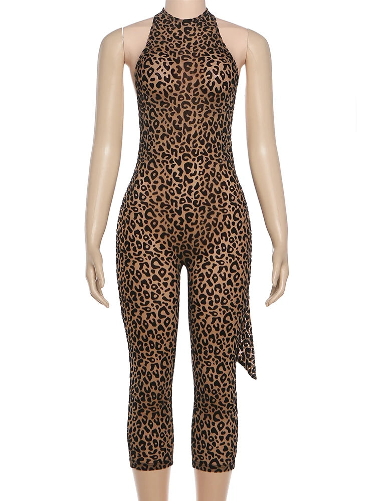 Leopard Print Backless Sleeveless Halter Romper for Women