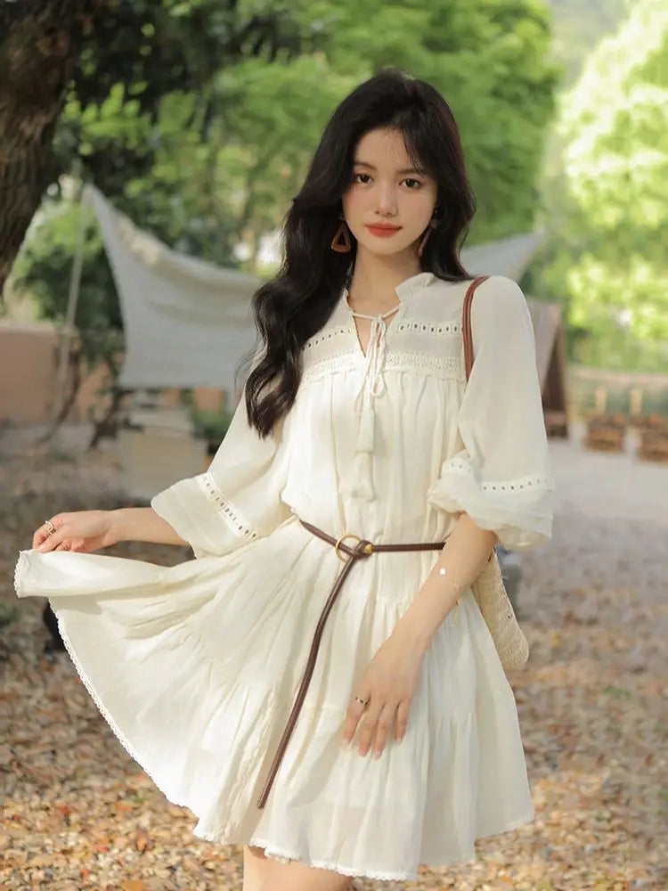 Vacation Style Boho Chic Lace Up Midi Dress for Women