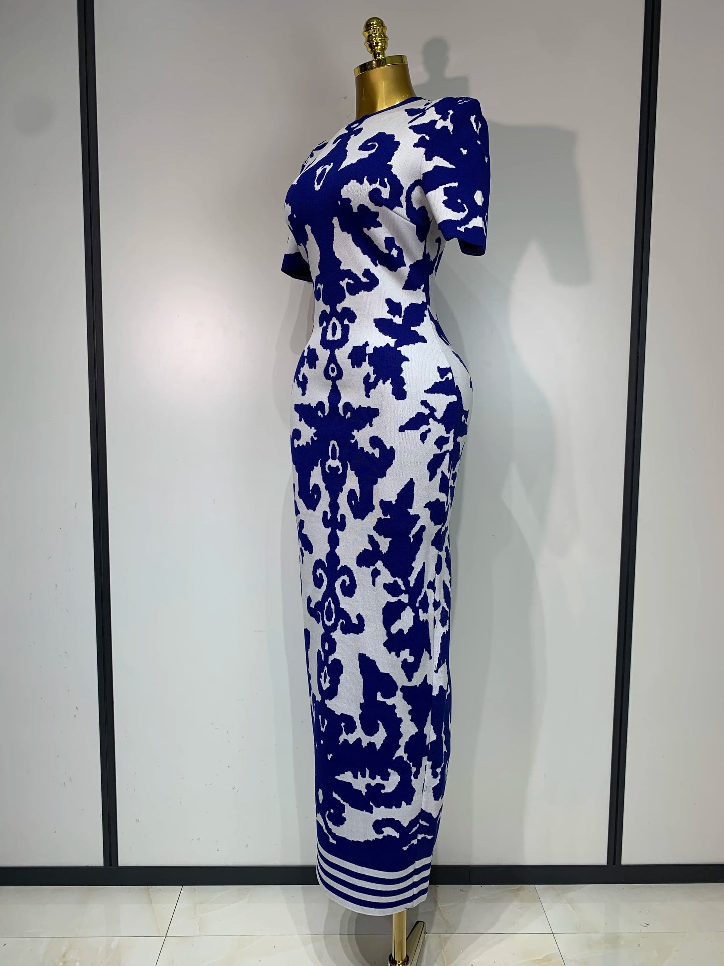 Women Sexy Short Sleeve Jacquard Blue Maxi Long Bodycon Bandage Dress 2025 Celebrity Elegant Evening Club Party Luxury Dresses