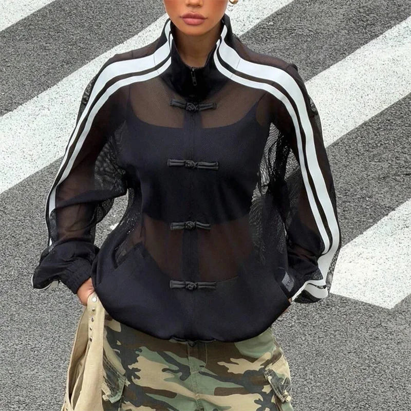 Sheer Mesh Stand Collar Frog Button Jacket for Women