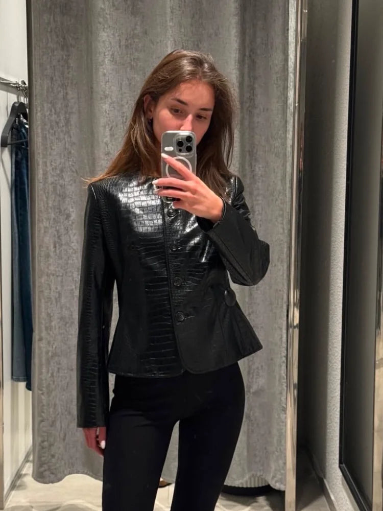 Slim Fit Single Breasted Faux Leather Jacket for Women
