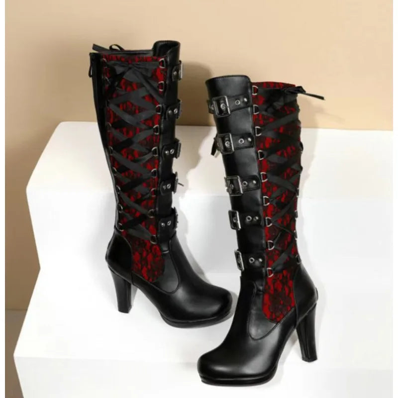 Lace Up Chunky High Heel Mid Calf Boots for Women