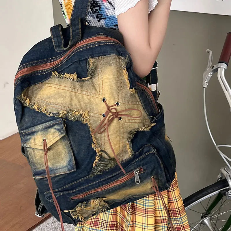 Washed Denim Backpack With Large Capacity for Women