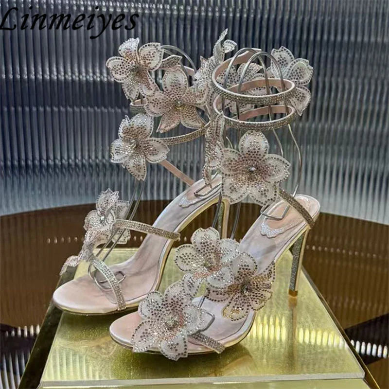 Rhinestone Flower Embellished Wedding High Heel Sandals for Women