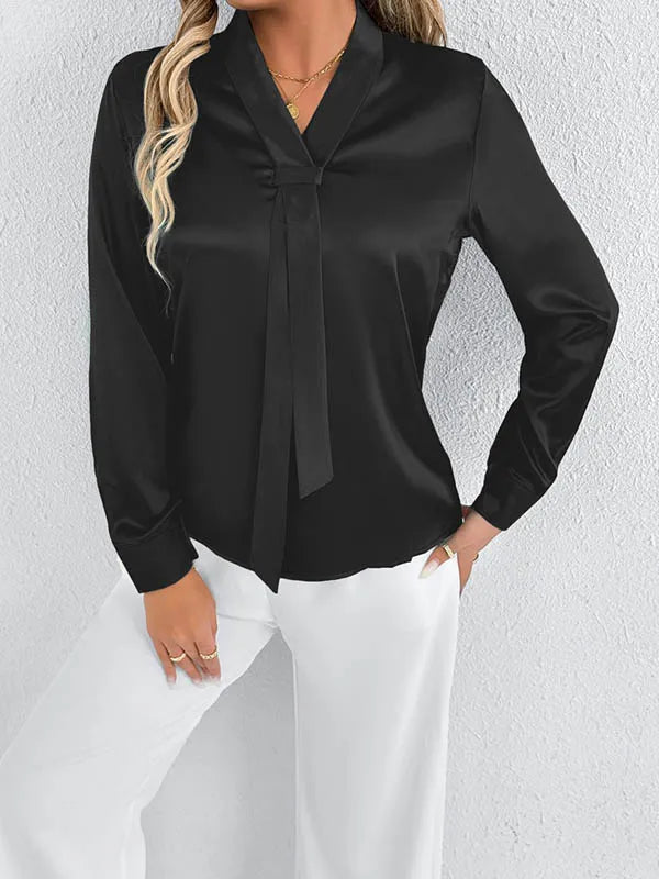 Bonboho 2026 New Women's Solid Color Silky Shirt V-neck Long Sleeves Elegant Blouse for Female Elegant Pullover Work Shirts