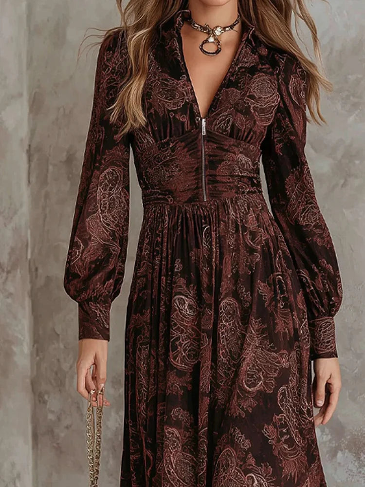 V Neck Printed Patchwork Long Sleeve Maxi Dress for Women