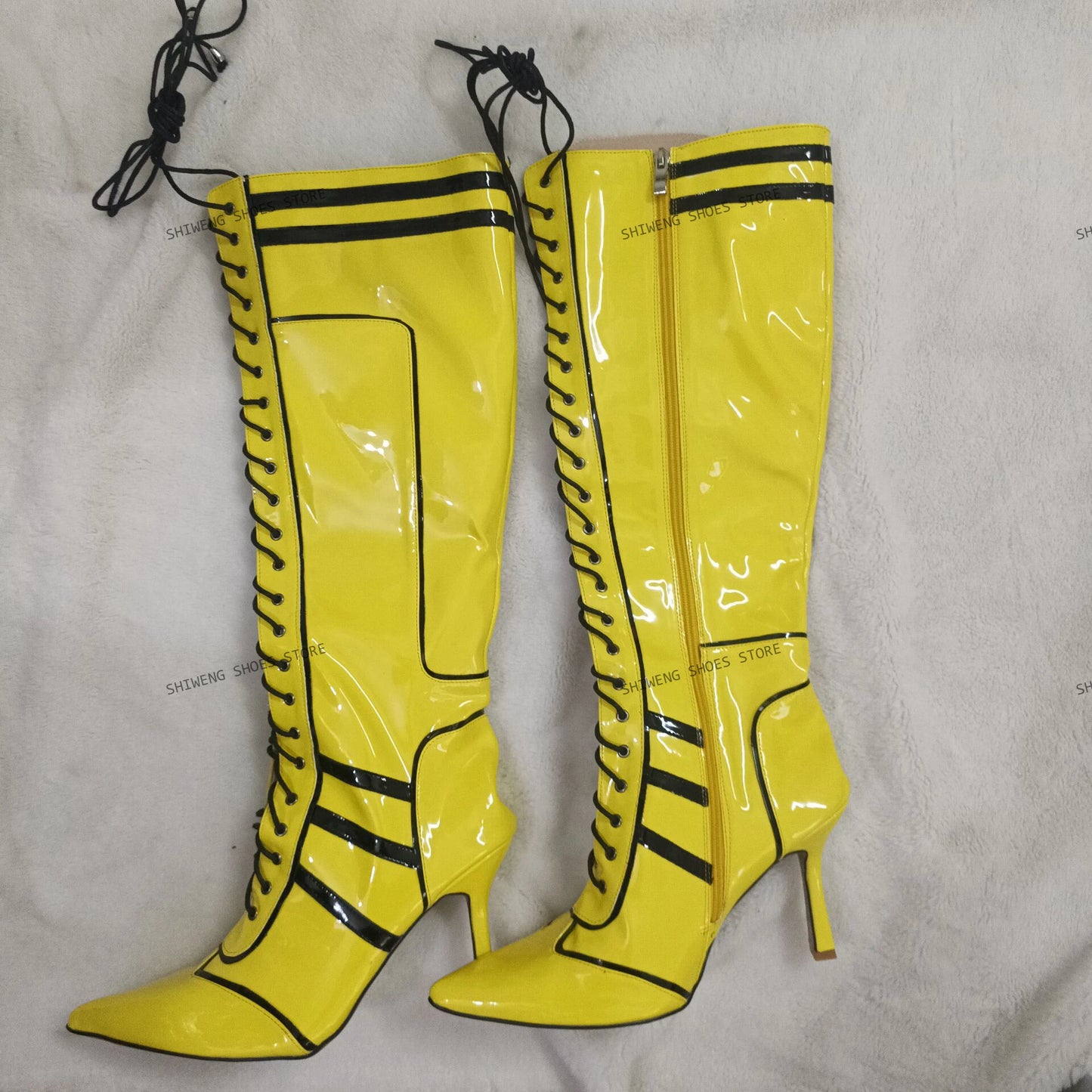 Cross Tied Buckled Knee High Boots with Lace Up for Women