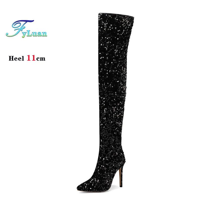 Sequin Pointed Toe Over The Knee Stiletto Boots For Women With Rear Zipper